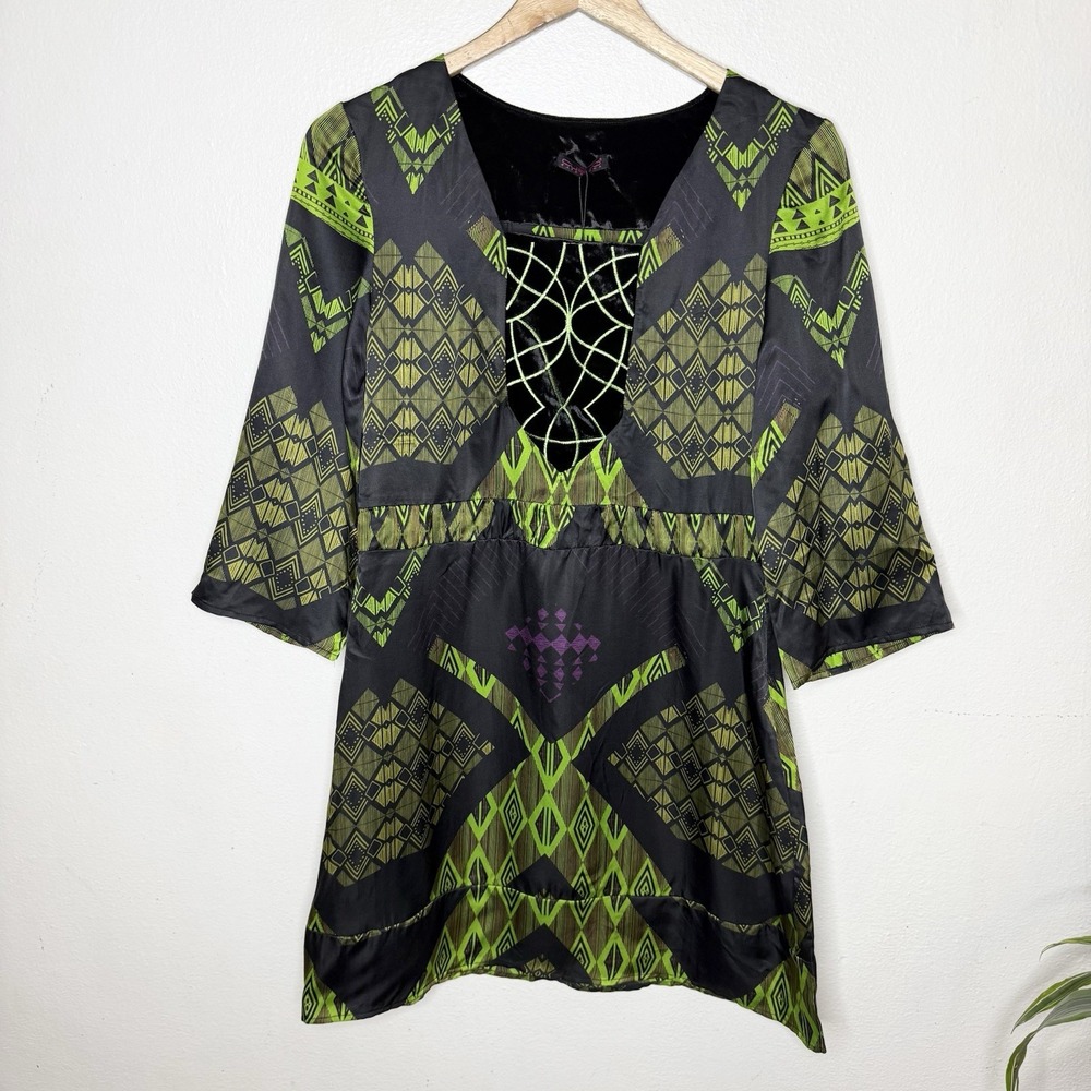 New Custo Barcelona Green Black Silk Blend Velvet Detail Mini Dress Womens XS